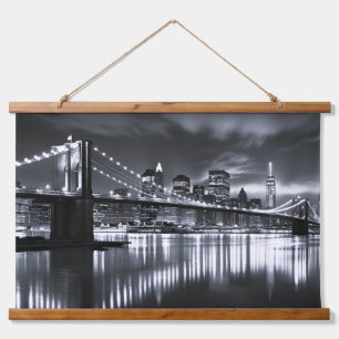 New York Skyline Brooklyn Bridge Monochrome Night Hanging Tapestry