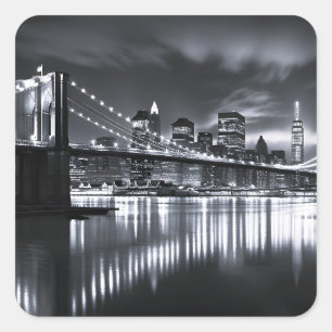 New York Skyline Brooklyn Bridge Monochrome Night Square Sticker