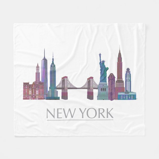 New York Skyline Coloured Buildings Fleece Blanket (Front (Horizontal))