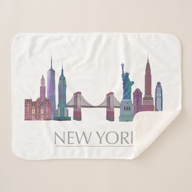 New York Skyline Coloured Buildings Sherpa Blanket (Front (Horizontal))