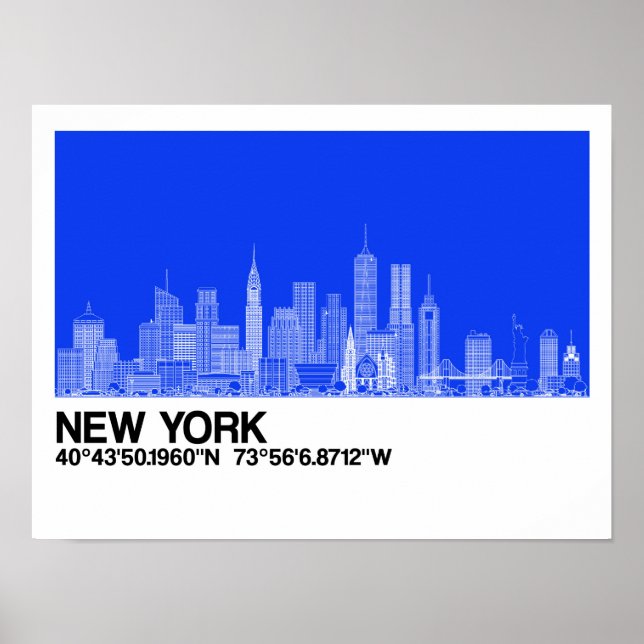 New York Skyline + Coordinates in Blue Backgr.  Poster (Front)