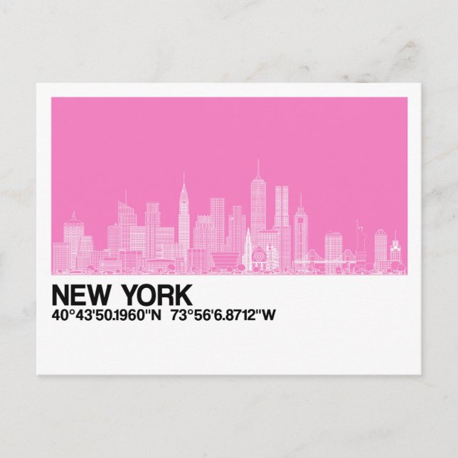 New York Skyline + Coordinates in Pink Postcard (Front)