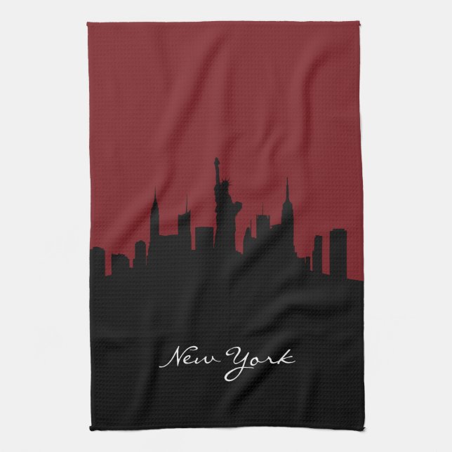 New York Skyline | Dark Red Tea Towel (Vertical)