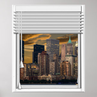 New York Skyline Faux Window View With Blinds Poster
