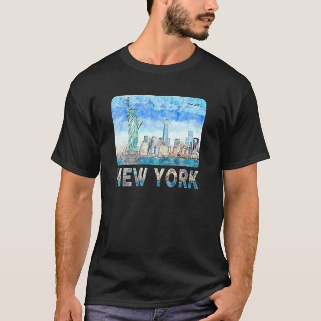 New York Skyline Heartbeat Statue Of Liberty I Lov T-Shirt (Front)