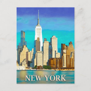 New York Skyline in Cobalt Blue and Tan Postcard