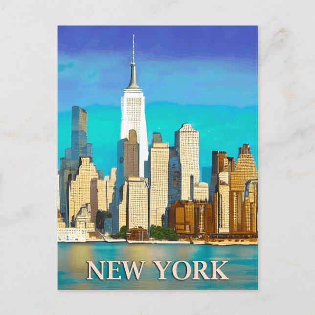 New York Skyline in Cobalt Blue and Tan Postcard (Front)