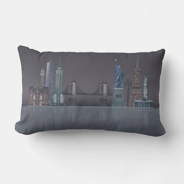 New York Skyline Night Reflections Lumbar Cushion (Front)
