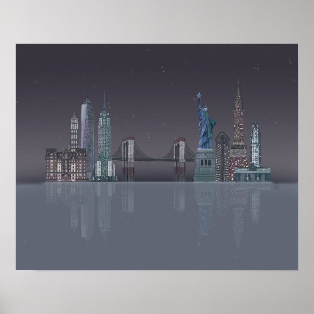 New York Skyline Night Reflections Poster (Front)
