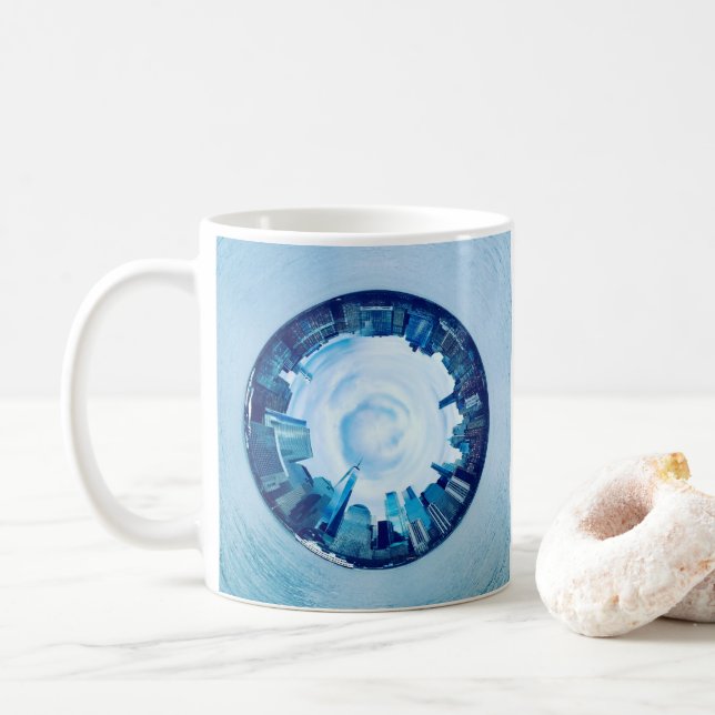 new york skyline of skyscrapers in round  coffee m mug (With Donut)