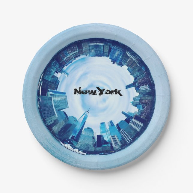 new york skyline of skyscrapers in round  paper plate (Front)
