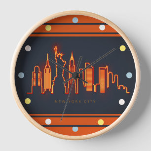 New York Skyline Orange Neon Look Cityscape Wall Clock