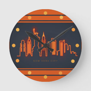 New York Skyline Orange Neon Look Cityscape  Wall Round Clock