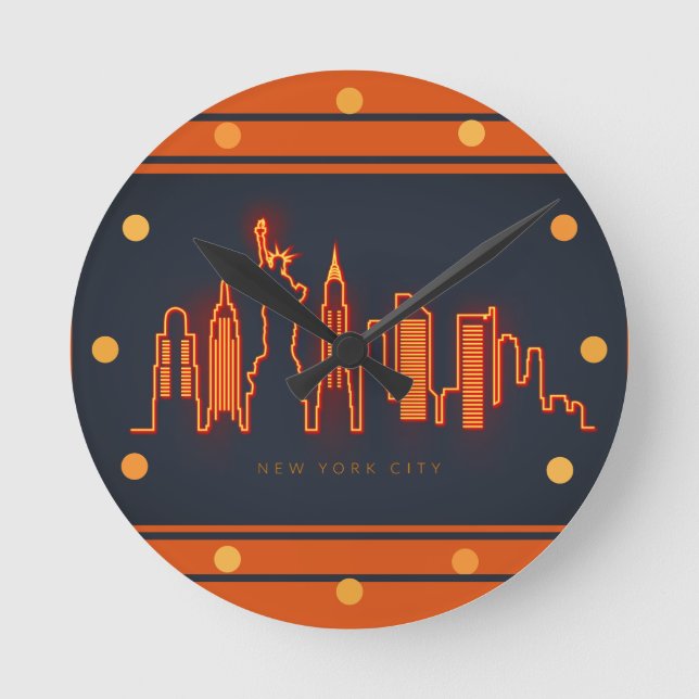 New York Skyline Orange Neon Look Cityscape  Wall Round Clock (Front)