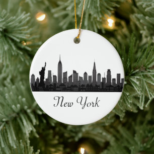 New York Skyline Silhouette Black Elegant Script C Ceramic Tree Decoration