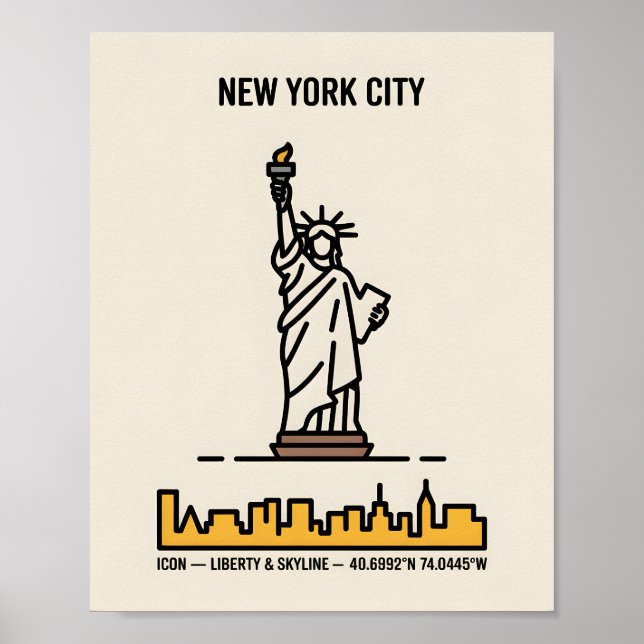New York Skyline Statue of Liberty Bold Line Art Poster (Front)