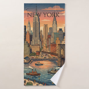 New York Skyline Travel Art Vintage Bath Towel Set