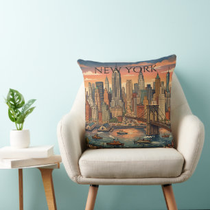 New York Skyline Travel Art Vintage Cushion