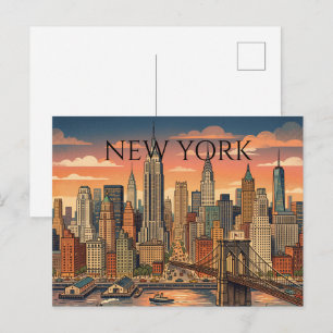 New York Skyline Travel Art Vintage Holiday Postcard