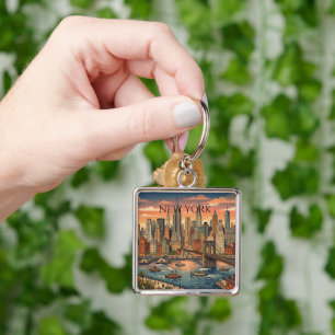 New York Skyline Travel Art Vintage Key Ring