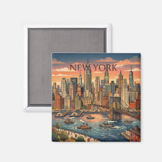 New York Skyline Travel Art Vintage Magnet