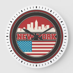 New York Skyline   United States Flag Large Clock