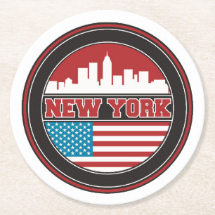 New York Skyline United States Flag Round Paper Coaster