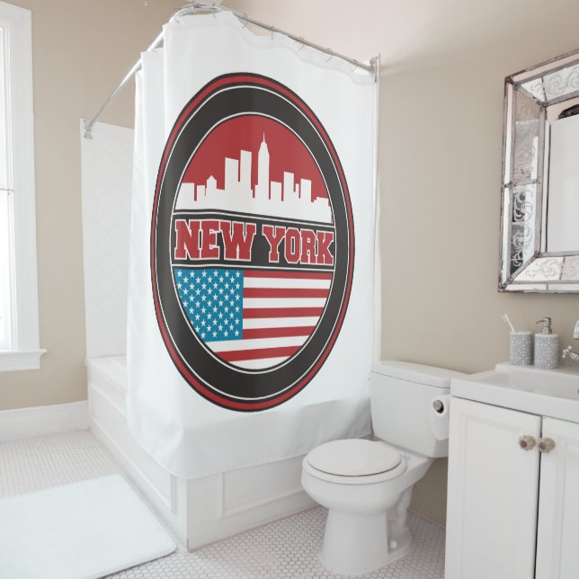 New York Skyline | United States Flag Shower Curtain (In Situ)