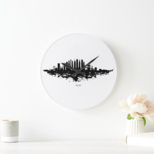 New York Skyline Watercolor Black and White Large Clock