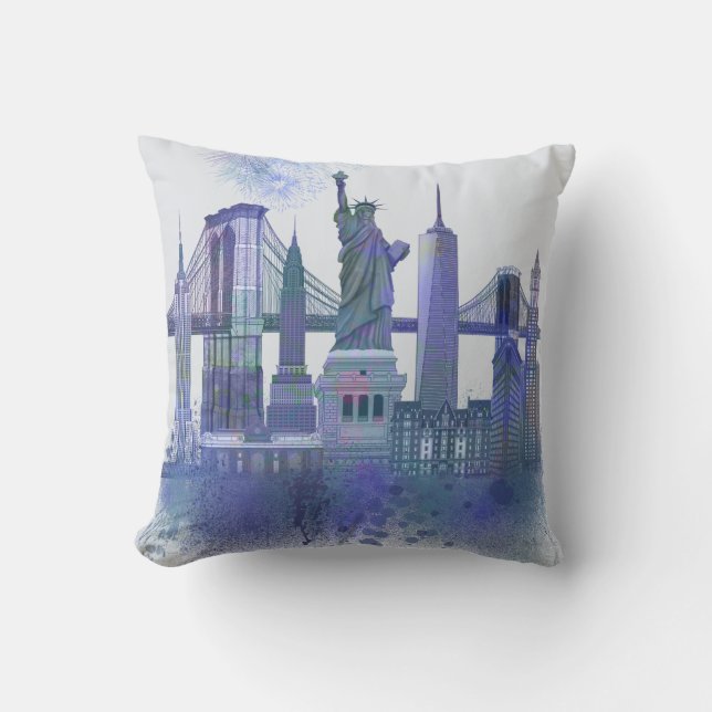 New York Skyline - Watercolor Blue Cushion (Front)