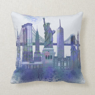 New York Skyline - Watercolor Blue Cushion