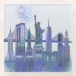 New York Skyline - Watercolor Blue Glass Coaster<br><div class="desc">New York Skyline Watercolour Splash Blue by Fab Funky. Features famous landmarks of New York City in a watercolor style.</div>