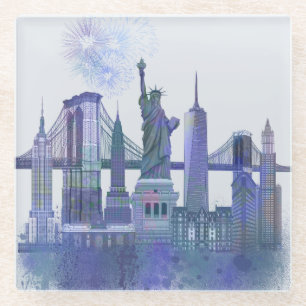New York Skyline - Watercolor Blue Glass Coaster