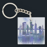 New York Skyline - Watercolor Blue Key Ring<br><div class="desc">New York Skyline Watercolour Splash Blue by Fab Funky. Features famous landmarks of New York City in a watercolor style.</div>