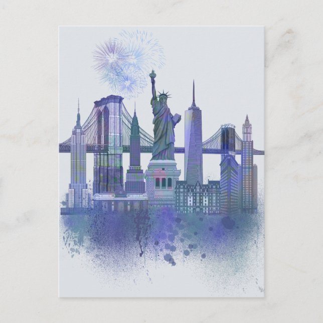 New York Skyline - Watercolor Blue Postcard (Front)