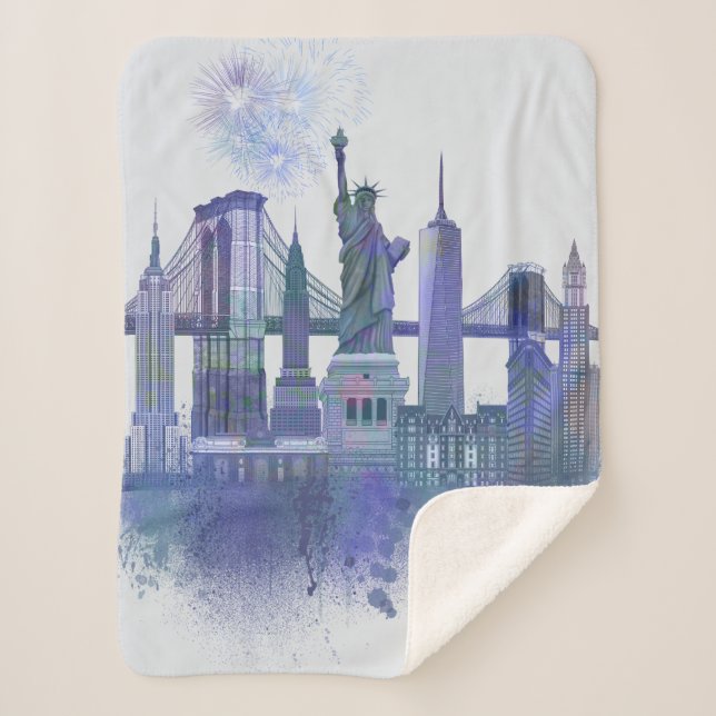 New York Skyline - Watercolor Blue Sherpa Blanket (Front)