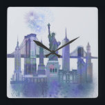 New York Skyline - Watercolor Blue Square Wall Clock<br><div class="desc">New York Skyline Watercolour Splash Blue by Fab Funky. Features famous landmarks of New York City in a watercolor style.</div>
