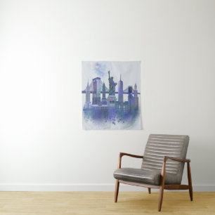 New York Skyline - Watercolor Blue Tapestry