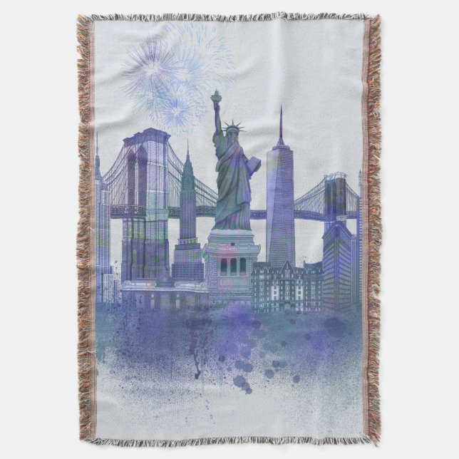 New York Skyline - Watercolor Blue Throw Blanket (Front Vertical)