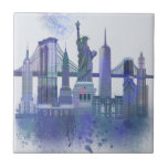 New York Skyline - Watercolor Blue Tile<br><div class="desc">New York Skyline Watercolour Splash Blue by Fab Funky. Features famous landmarks of New York City in a watercolor style.</div>
