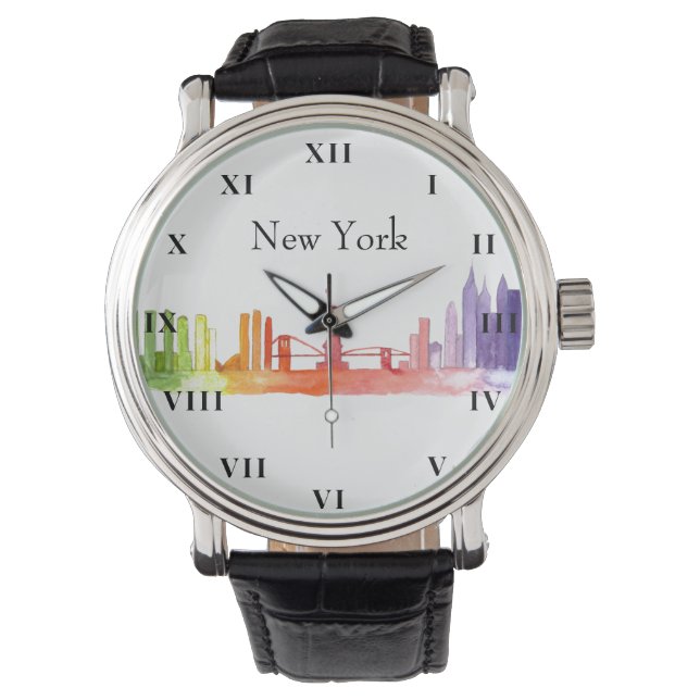 New York Skyline Watercolor Brooklyn Americana Watch (Front)