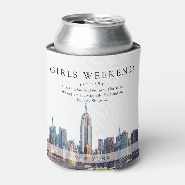 New York Skyline Watercolor Girls Weekend Can Cooler (Can Front)