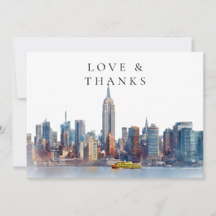 New York Skyline Watercolor Wedding Photo Thank You Card