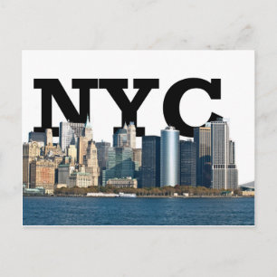 New York skyline with "NYC" in the sky above. Postcard