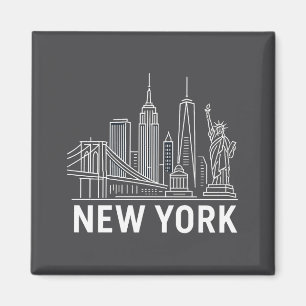 New York Skyline With Statue Of Liberty White Line Magnet
