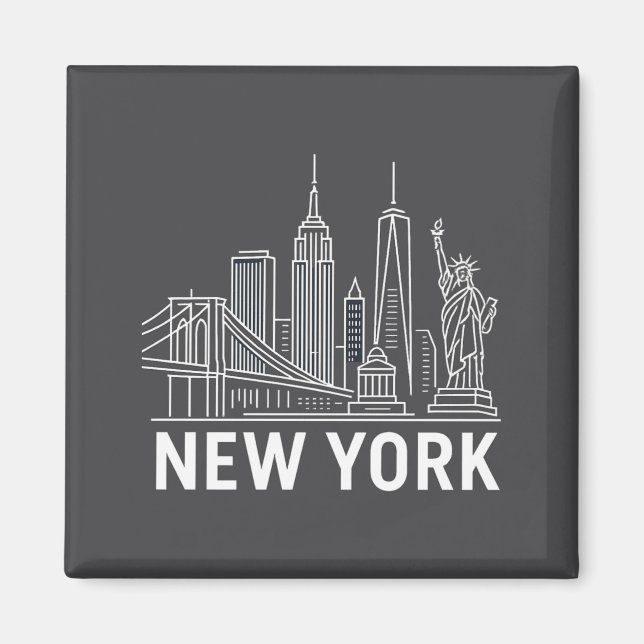 New York Skyline With Statue Of Liberty White Line Magnet (Front)