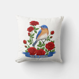 New York State Bird & Flower - Bluebird & Red Rose Cushion