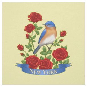 New York State Bird & Flower - Bluebird & Red Rose Fabric