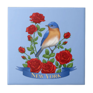 New York State Bird & Flower - Bluebird & Red Rose Tile