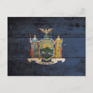 New York State Flag on Old Wood Grain Postcard